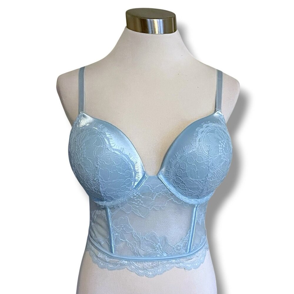 Victorias Secret 34D Bra Blue Lace Very Sexy Push Up Underwire Corset Boned